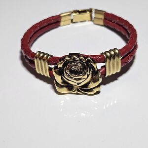 Vintage Gold Tone Rose On Red Corded Leather Bracelet 6"